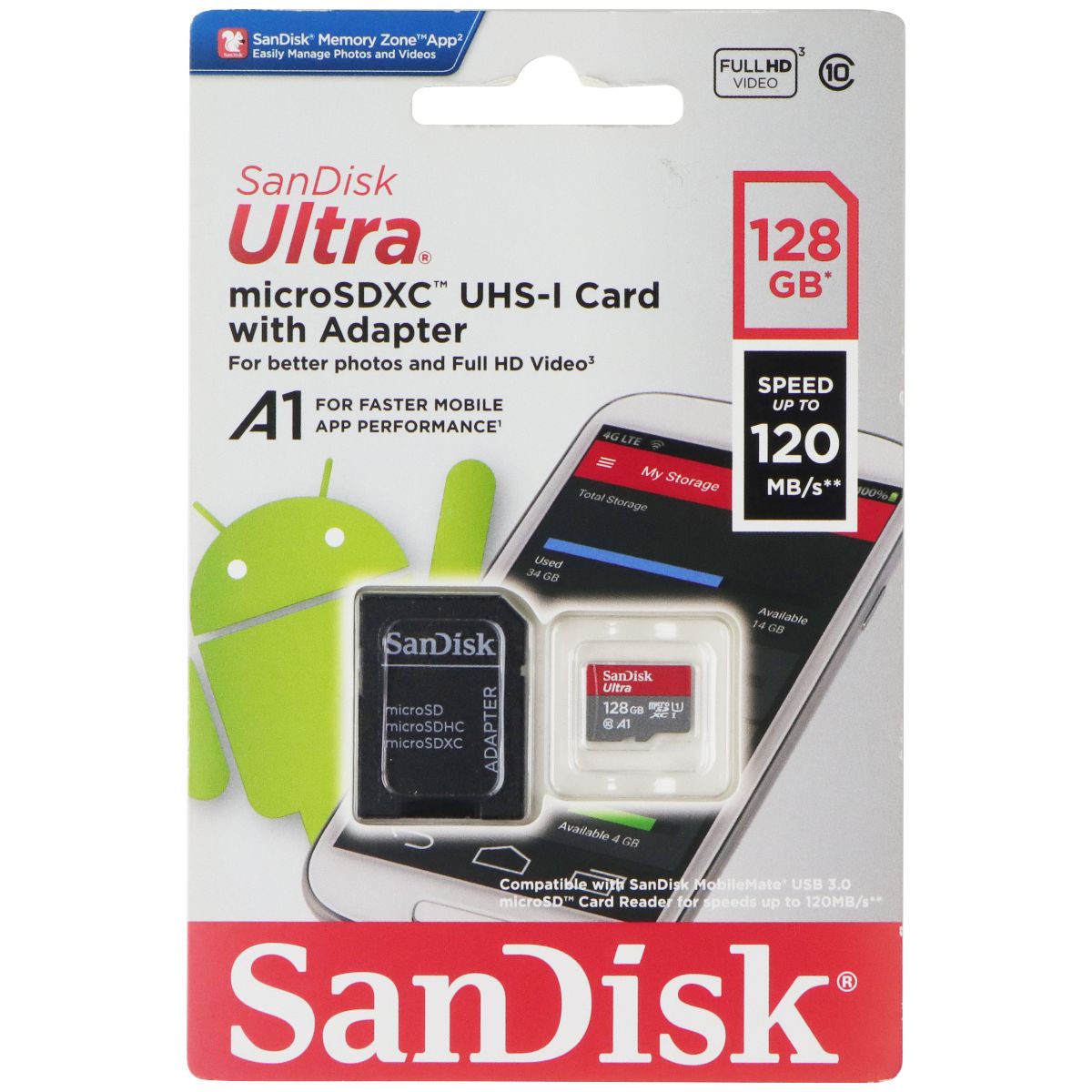 SanDisk Ultra 128GB 120MB/s microSDXC UHS-1 Card with Adapter Cell Phone - Memory Cards SanDisk - Simple Cell Bulk Wholesale Pricing - USA Seller