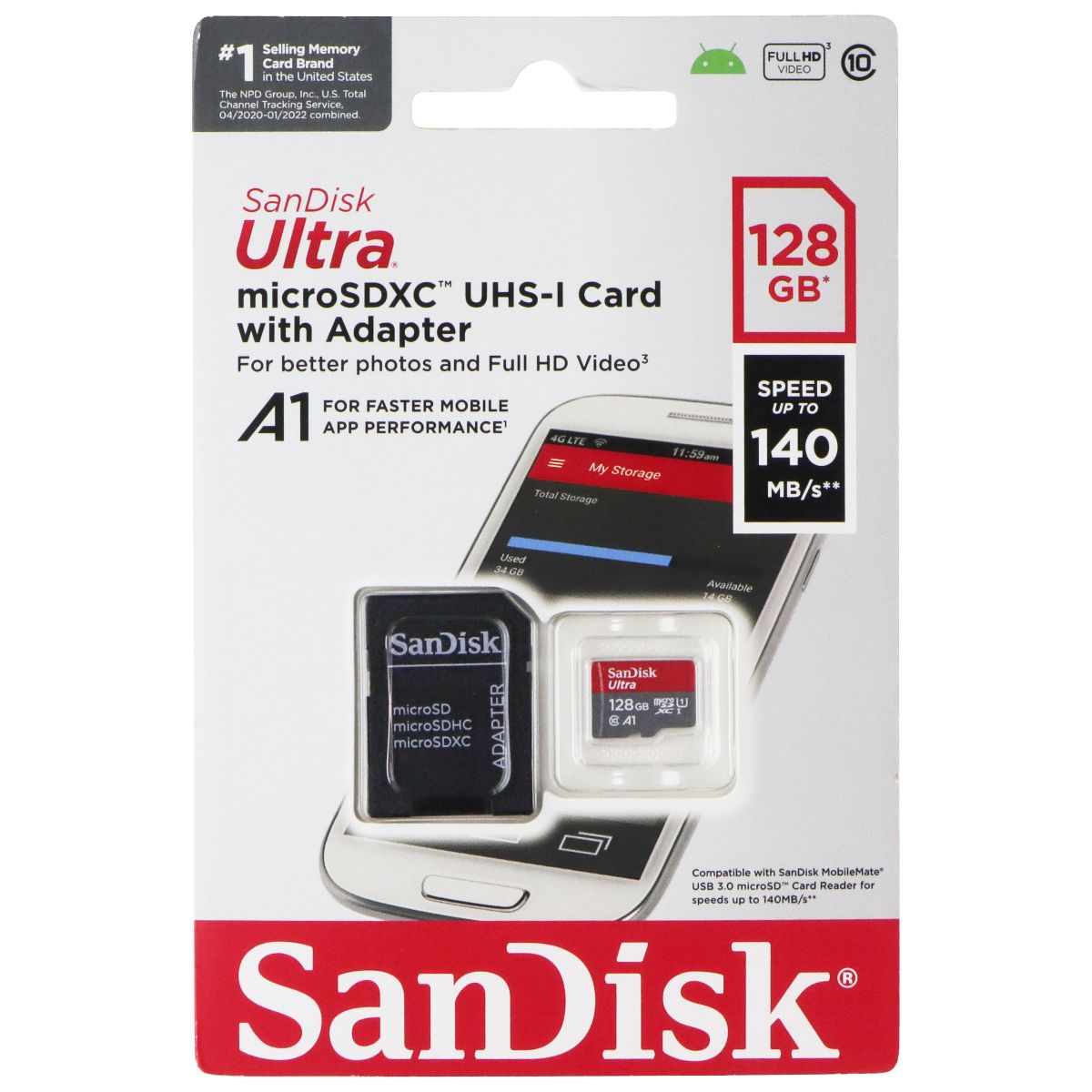 SanDisk Ultra A1 microSDXC UHS-1 Card with Adapter (140MB/s) - 128GB Digital Camera - Memory Cards SanDisk - Simple Cell Bulk Wholesale Pricing - USA Seller