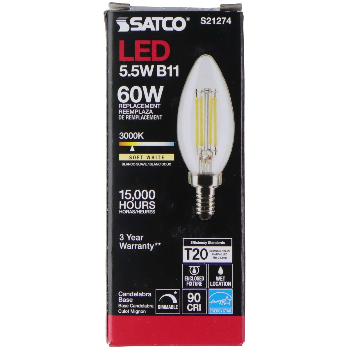 SATCO 60W/5.5W B11 Soft White 15,000 Hour LED Light Bulb (S21274) Lamps, Lighting & Ceiling Fans - Light Bulbs SATCO - Simple Cell Bulk Wholesale Pricing - USA Seller