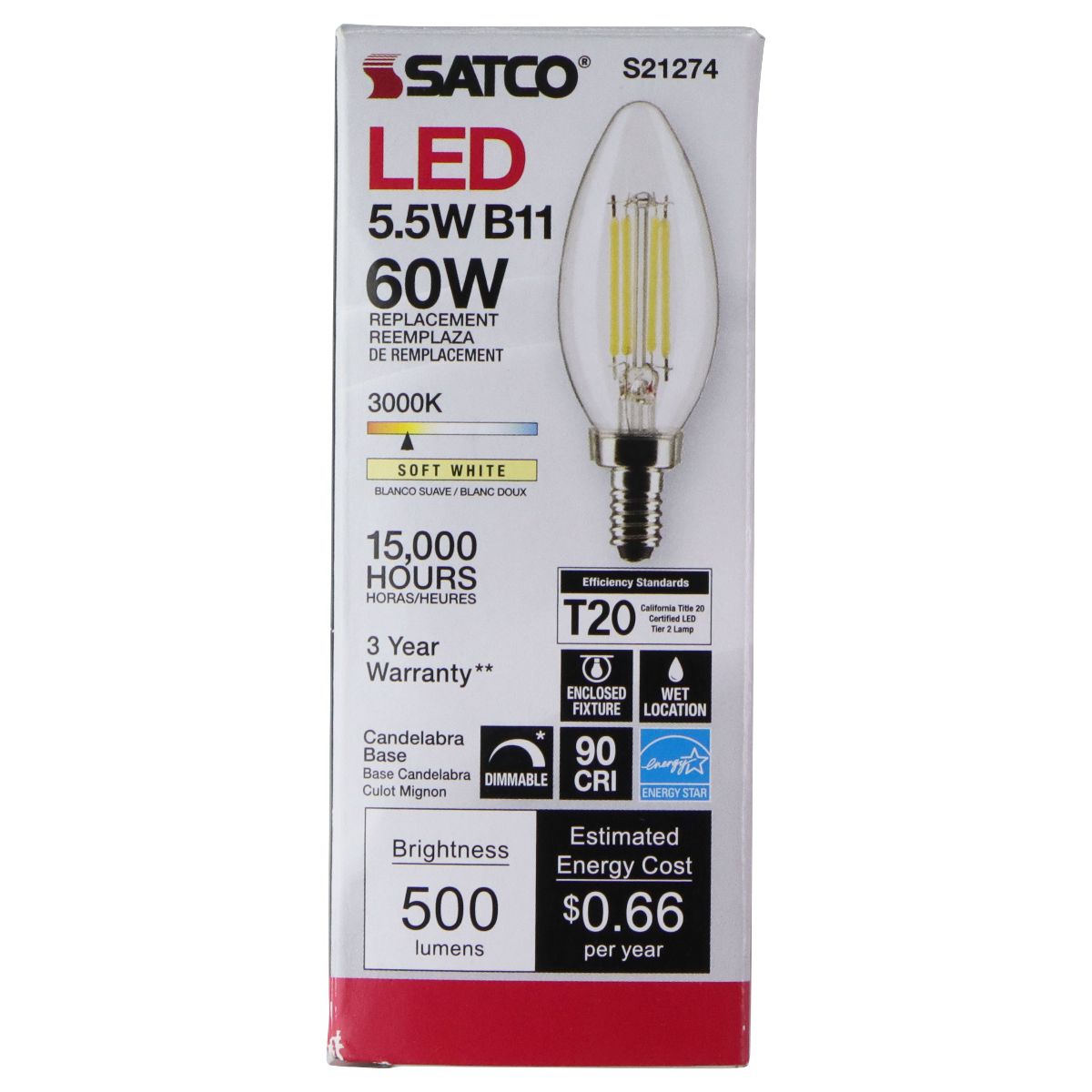 SATCO 60W/5.5W B11 Soft White 15,000 Hour LED Light Bulb (S21274) Lamps, Lighting & Ceiling Fans - Light Bulbs SATCO - Simple Cell Bulk Wholesale Pricing - USA Seller
