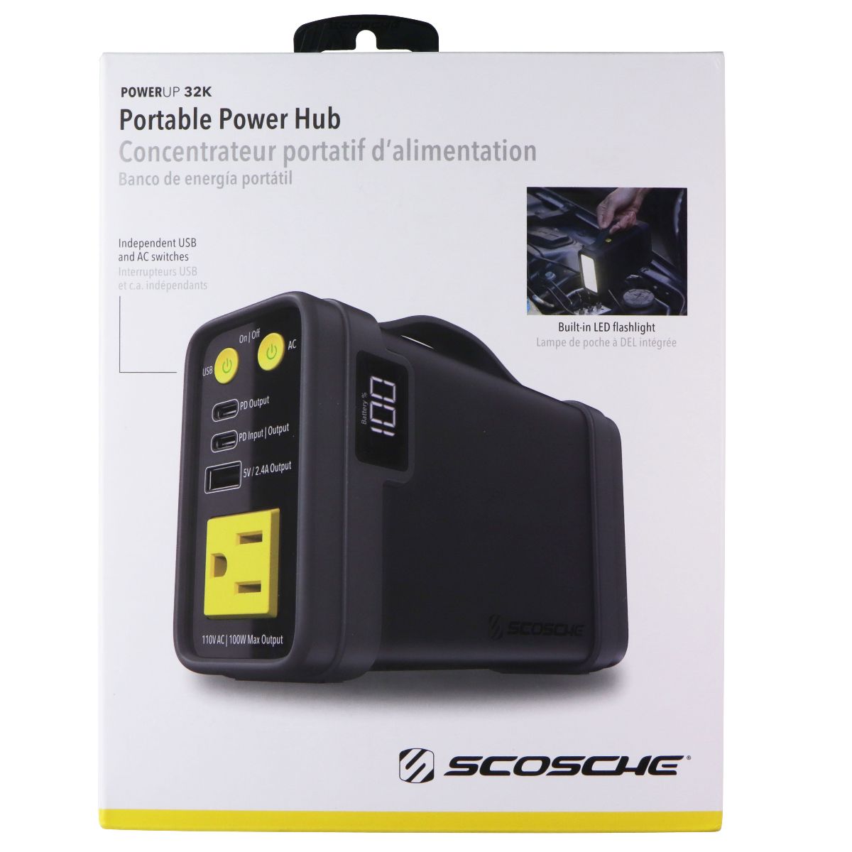 Scosche (100W) PowerUp 32K Portable Power Hub with Built-in Flashlight - Black Cell Phone - Chargers & Cradles Scosche - Simple Cell Bulk Wholesale Pricing - USA Seller