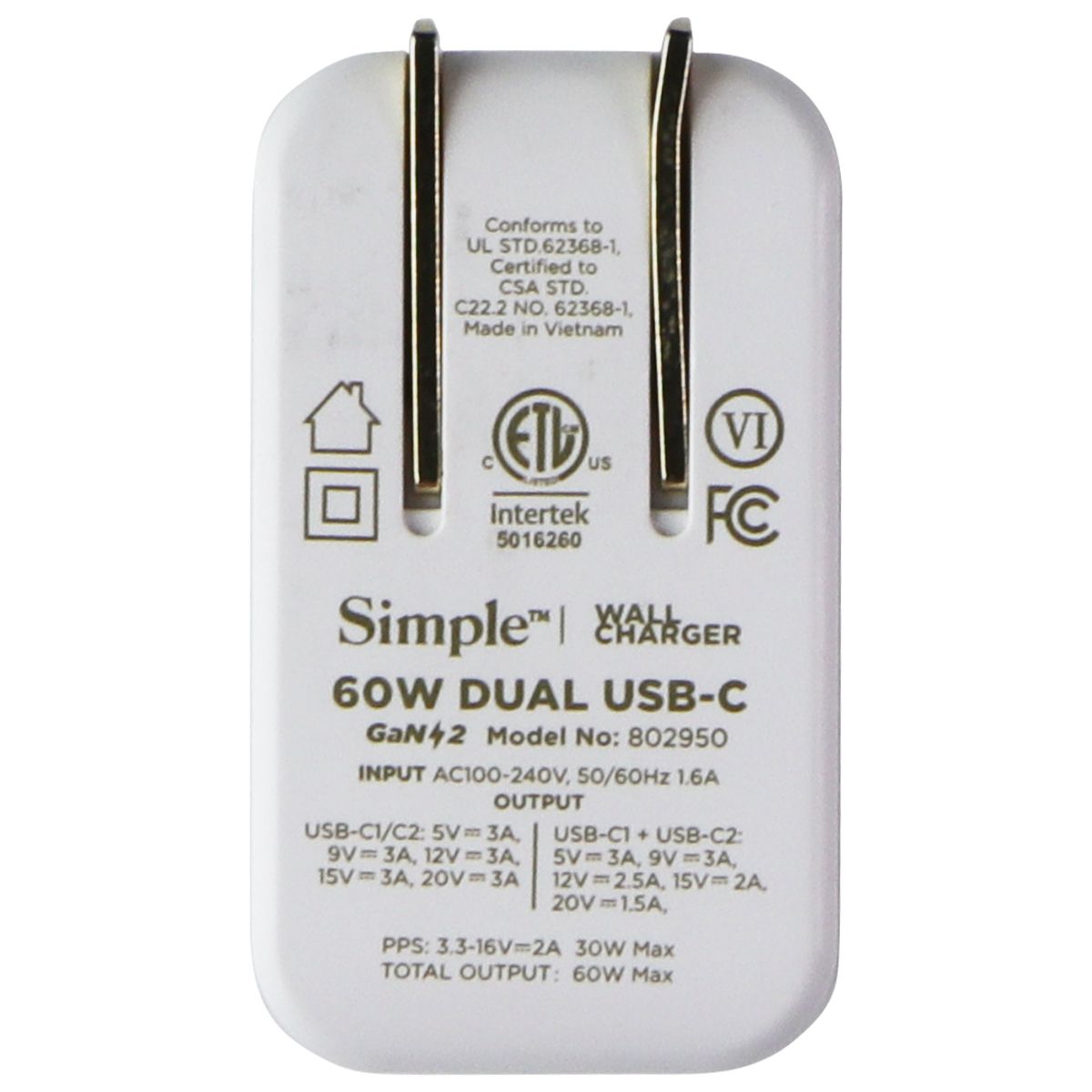 Simple 60W Dual USB-C Wall Charger - White Cell Phone - Chargers & Cradles Simple - Simple Cell Bulk Wholesale Pricing - USA Seller