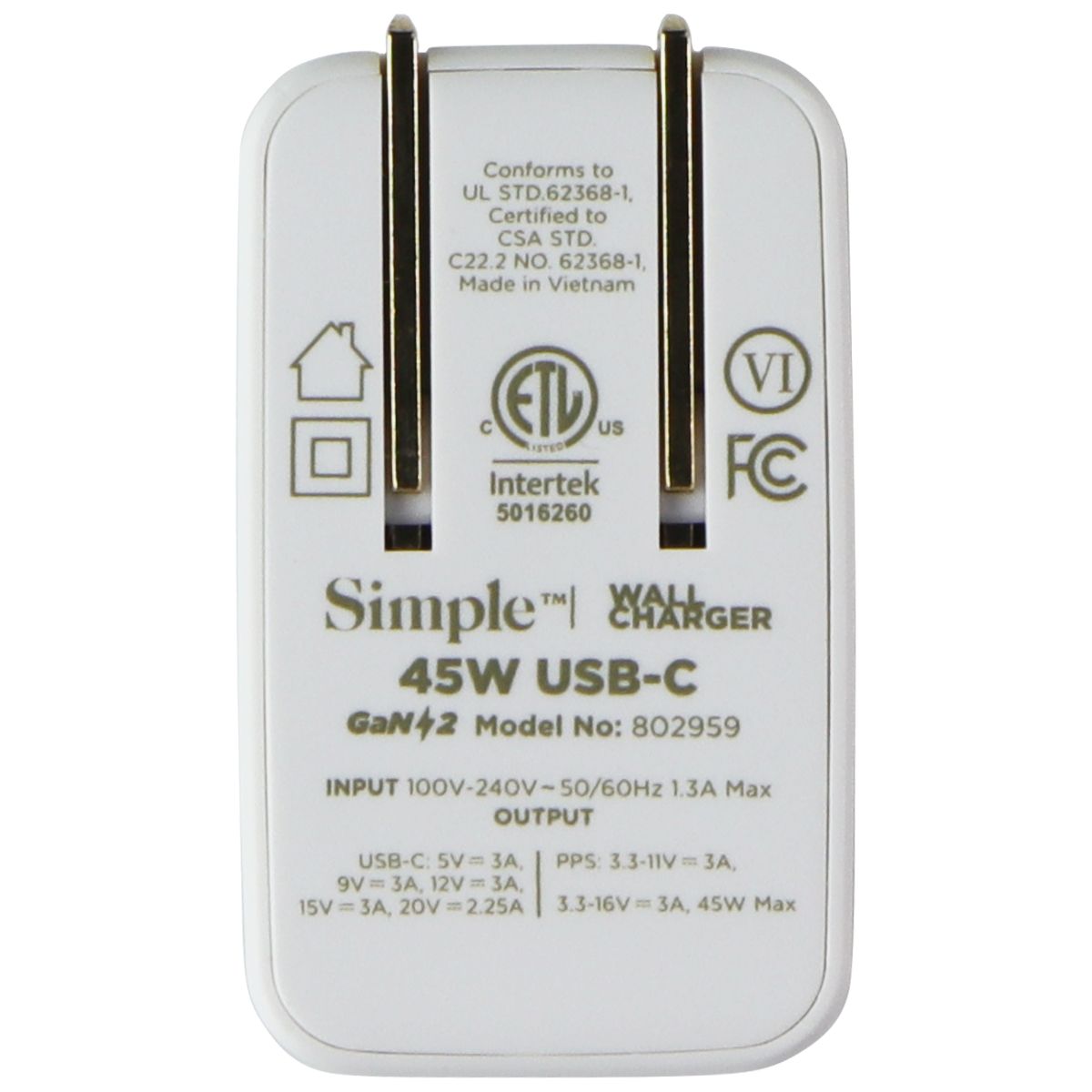 Simple 45W USB-C 5V/3A Wall Charger w/ Folding Prong - White Cell Phone - Chargers & Cradles Simple - Simple Cell Bulk Wholesale Pricing - USA Seller