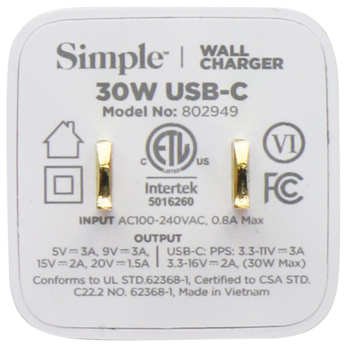 Simple Power Series 30W USB-C Mini Wall Charger - White Cell Phone - Chargers & Cradles Simple - Simple Cell Bulk Wholesale Pricing - USA Seller