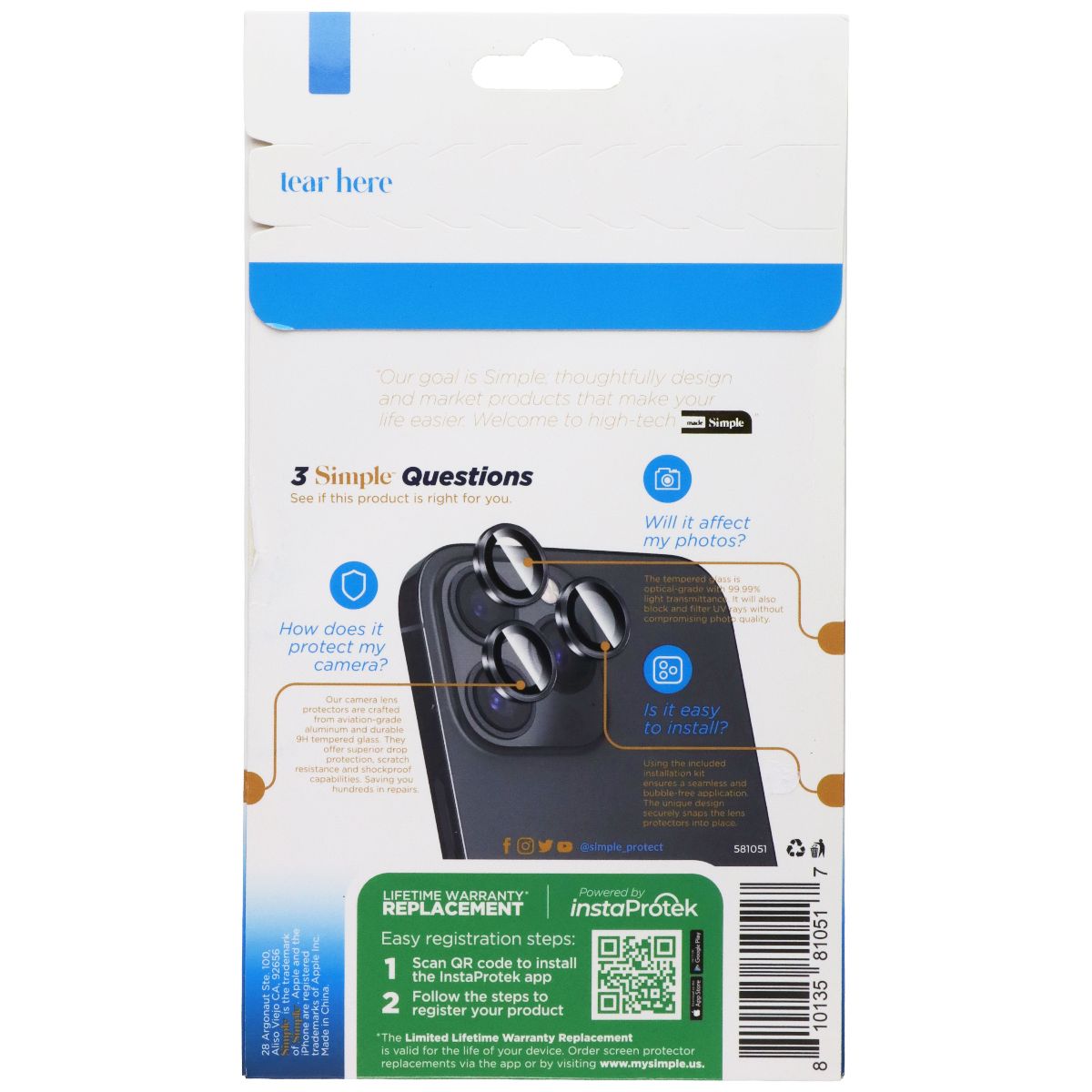 Simple Tempered Glass Camera Protection for Apple iPhone 15 Pro/Pro Max