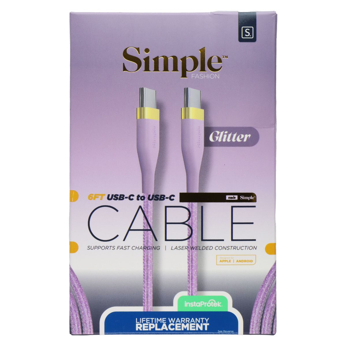 S. Simple Fashion Series 6FT USB-C to USB-C Cable - Purple Glitter Cell Phone - Cables & Adapters S. Simple - Simple Cell Bulk Wholesale Pricing - USA Seller