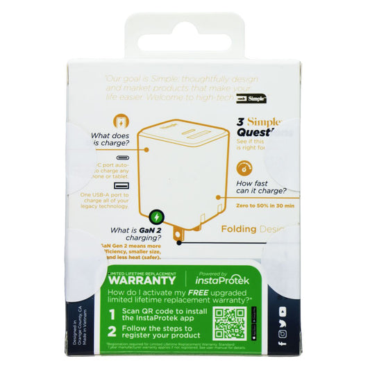 Simple 42W USB-C & USB-A Combo Wall Charger - White Cell Phone - Chargers & Cradles Simple - Simple Cell Bulk Wholesale Pricing - USA Seller