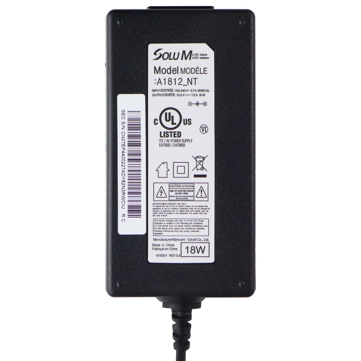 Solu M AC/DC Adapter (18-Watt) Power Supply (A1812_NT) / NO Power Cable Multipurpose Batteries & Power - Multipurpose AC to DC Adapters Solu M - Simple Cell Bulk Wholesale Pricing - USA Seller