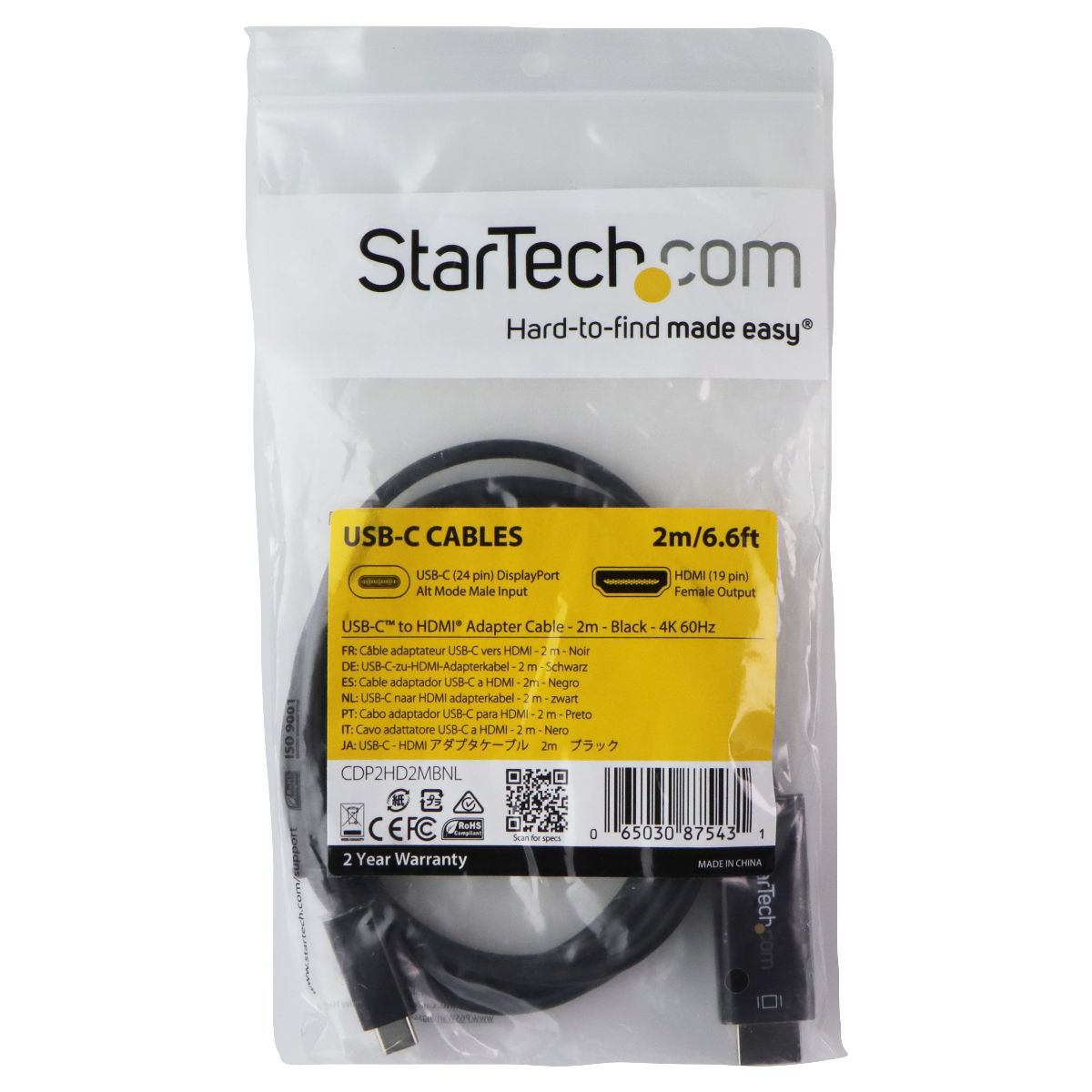 StarTech 6.6 Foot USB-C to HDMI (4k 60Hz) Adapter Cable - Black (CDP2HD2MBNL) Computer/Network - Monitor/AV Cables & Adapters StarTech - Simple Cell Bulk Wholesale Pricing - USA Seller