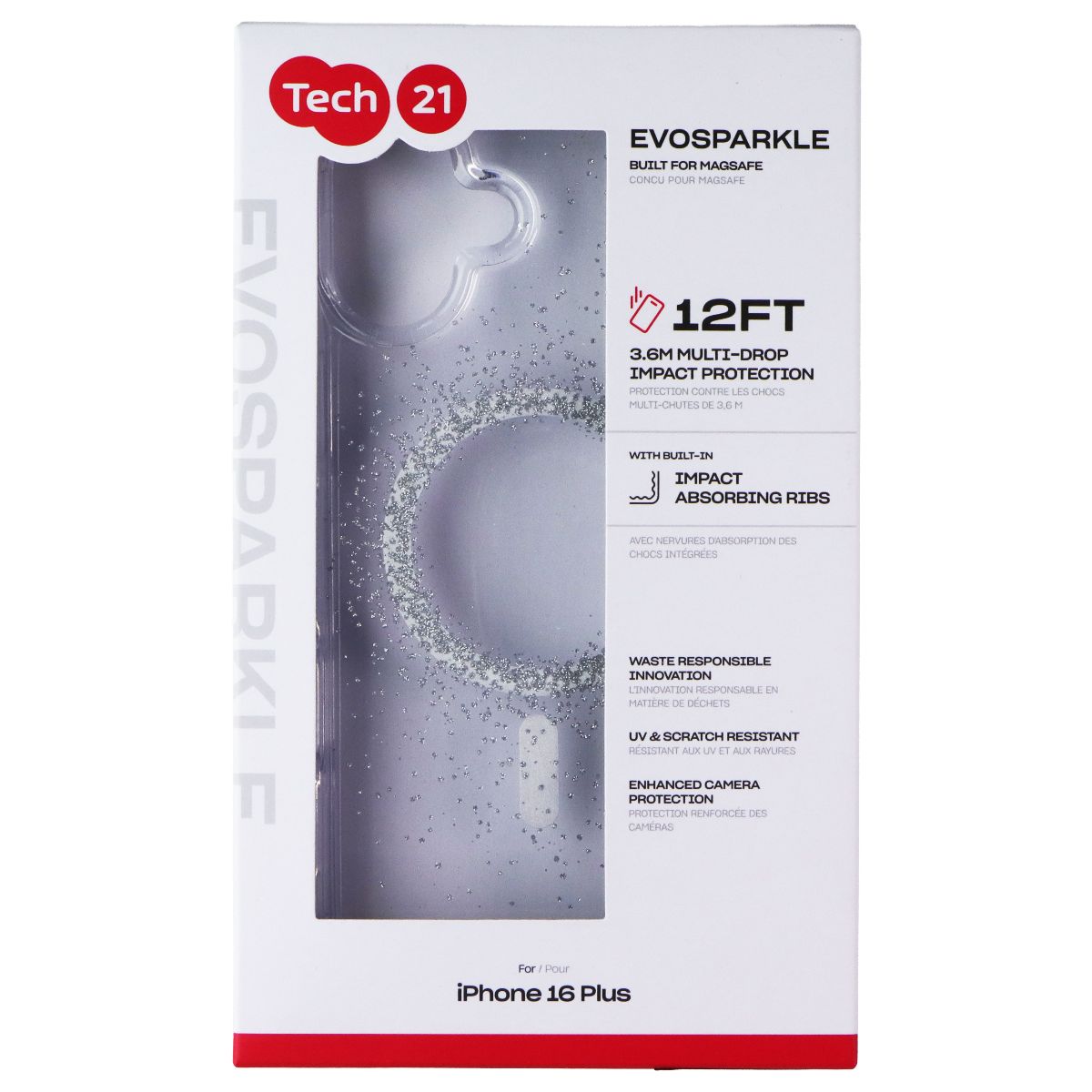Tech21 EvoSparkle MagSafe Case for Apple iPhone 16 Plus - Clear/Silver