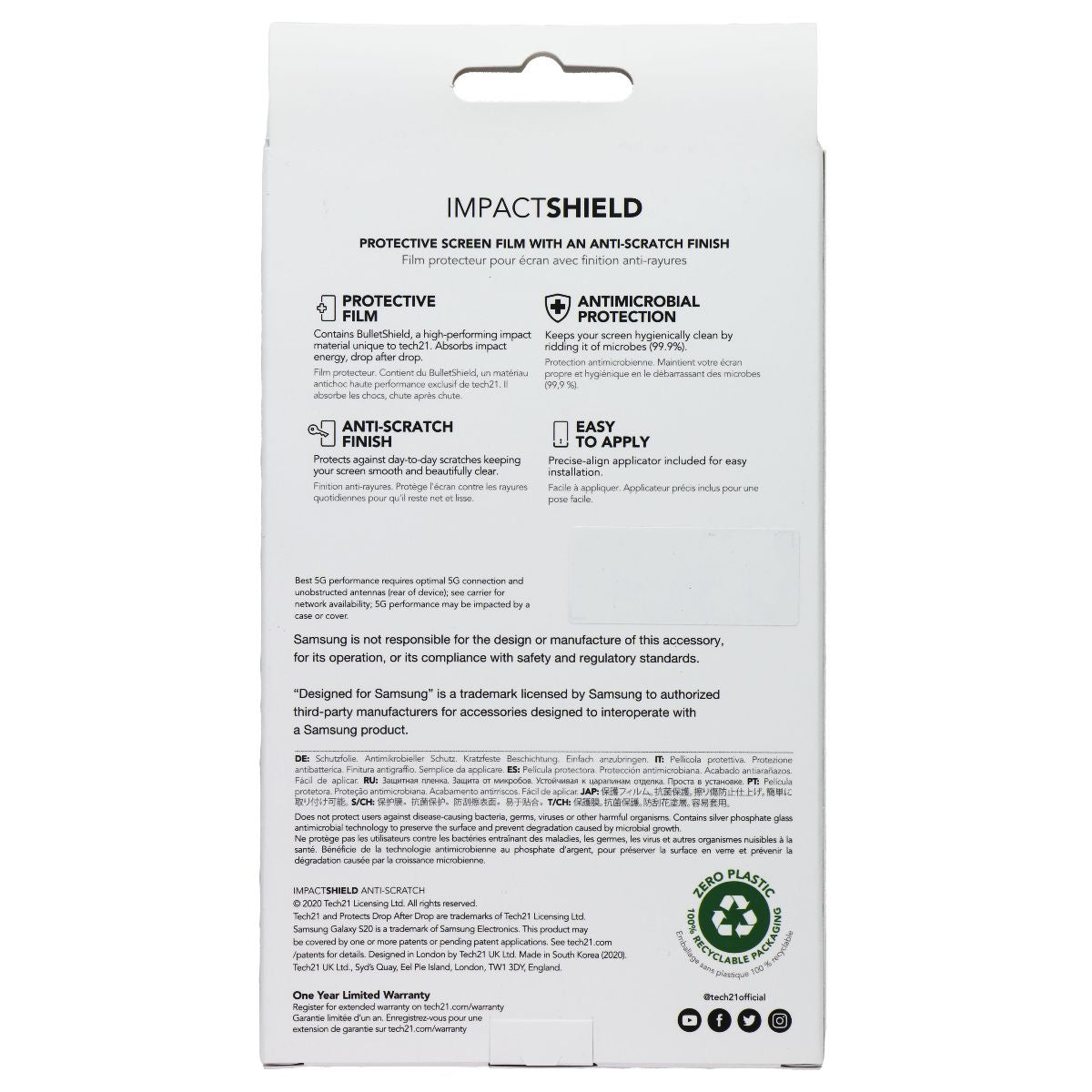 Tech21 Impact Shield Protective Film for Samsung Galaxy S20 Cell Phone - Screen Protectors Tech21 - Simple Cell Bulk Wholesale Pricing - USA Seller