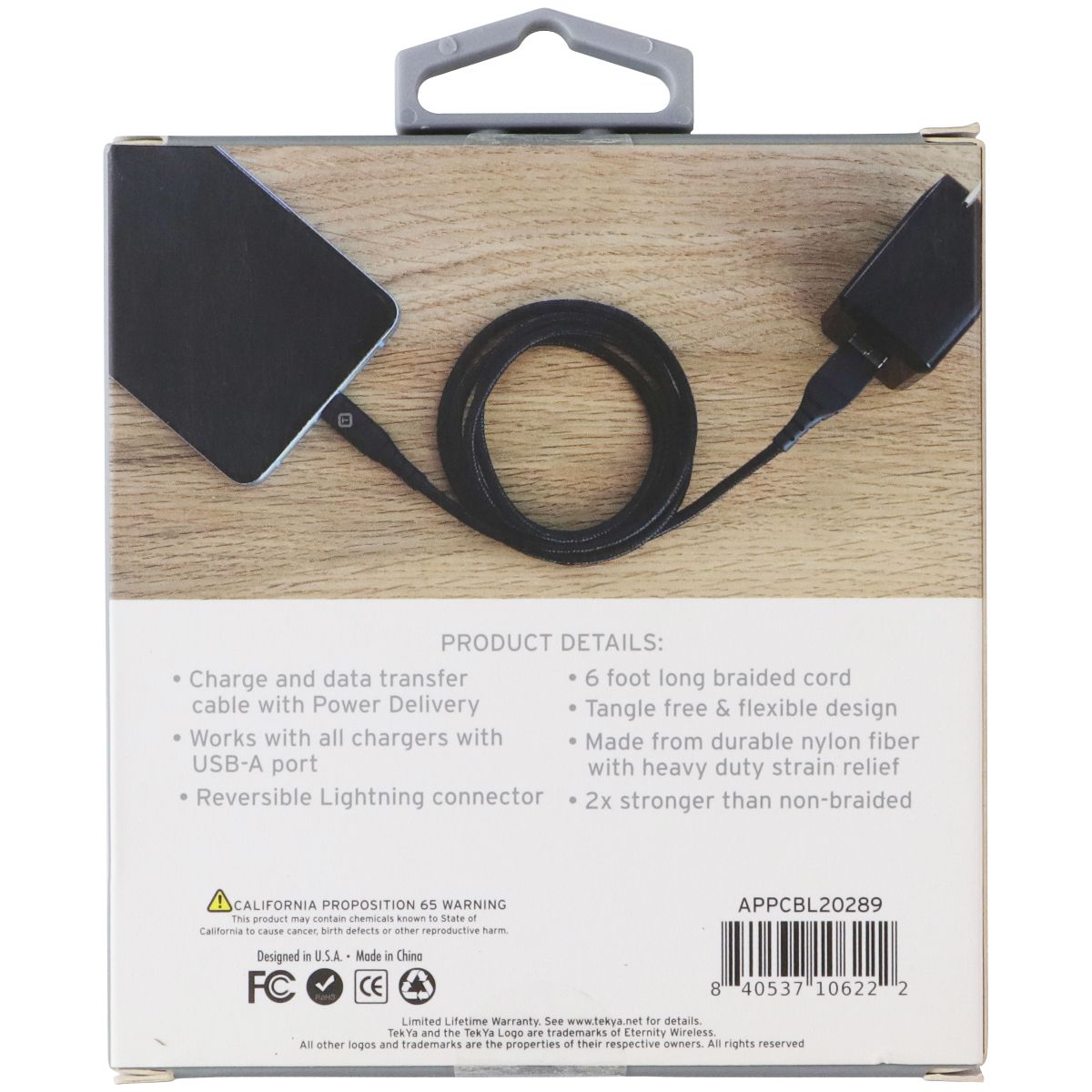 TekYa (6-Foot) Braided Cable - Power Delivery USB-A to Lightning 8-Pin - Black