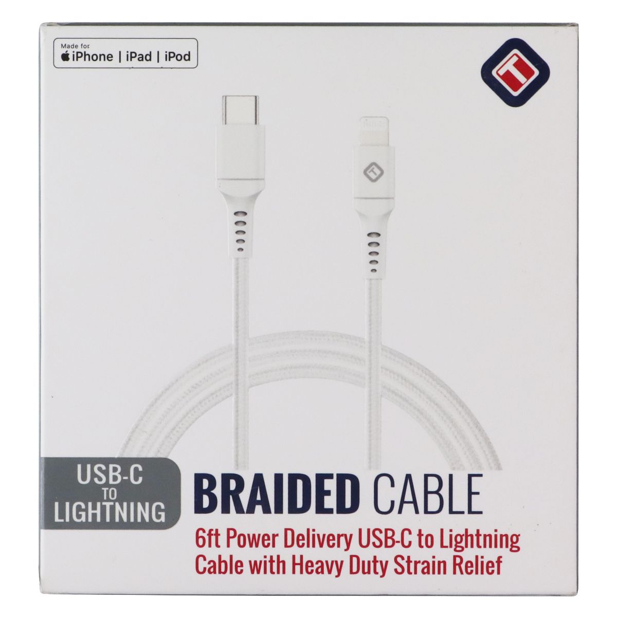 TekYa (6-Foot) Braided Cable - Power Delivery USB-C to Lightning 8-Pin - White
