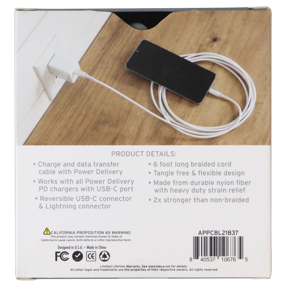 TekYa (6-Foot) Braided Cable - Power Delivery USB-C to Lightning 8-Pin - White