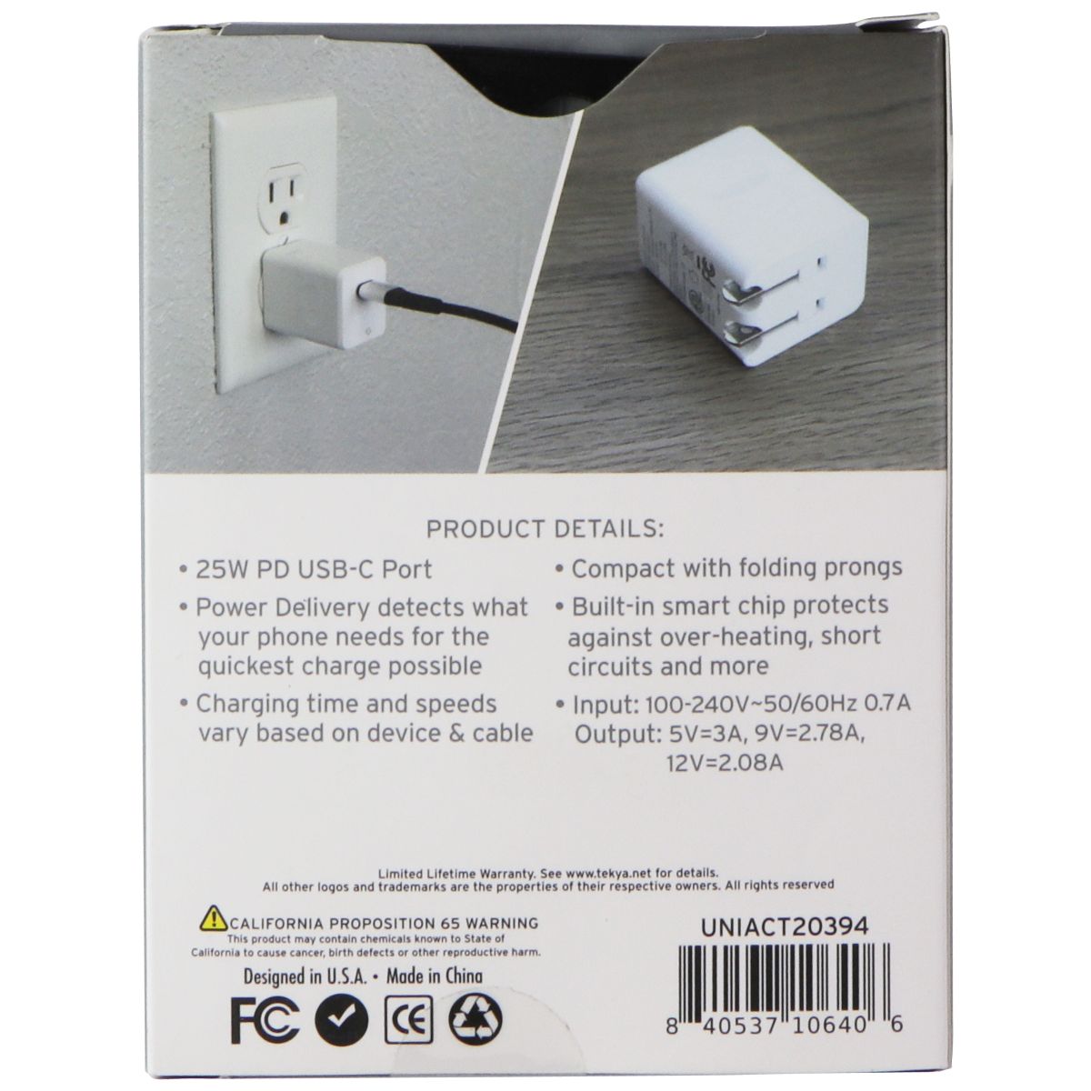 TekYa 25W USB-C Wall Charger for Smartphones/Tablets - White (UNIACT20394) Cell Phone - Chargers & Cradles TekYa - Simple Cell Bulk Wholesale Pricing - USA Seller