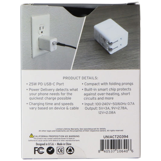 TekYa 25W USB-C Wall Charger for Smartphones/Tablets - White (UNIACT20394) Cell Phone - Chargers & Cradles TekYa - Simple Cell Bulk Wholesale Pricing - USA Seller