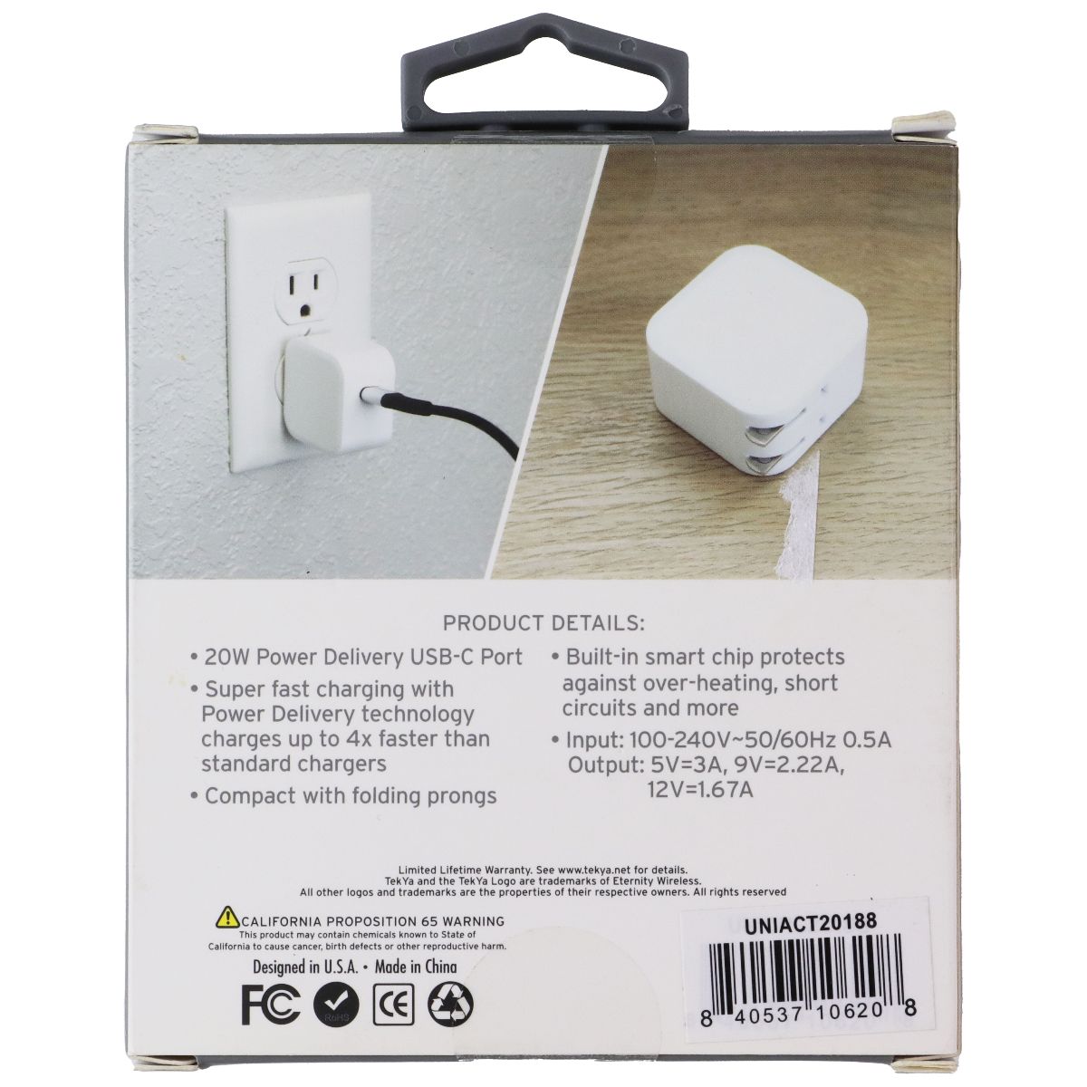 TekYa (20W) USB-C Port Wall Charger Adapter with Power Delivery - White