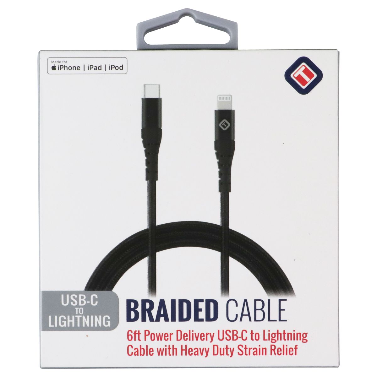 TekYa (6-Foot) Braided Cable - Power Delivery USB-C to Lightning 8-Pin - Black