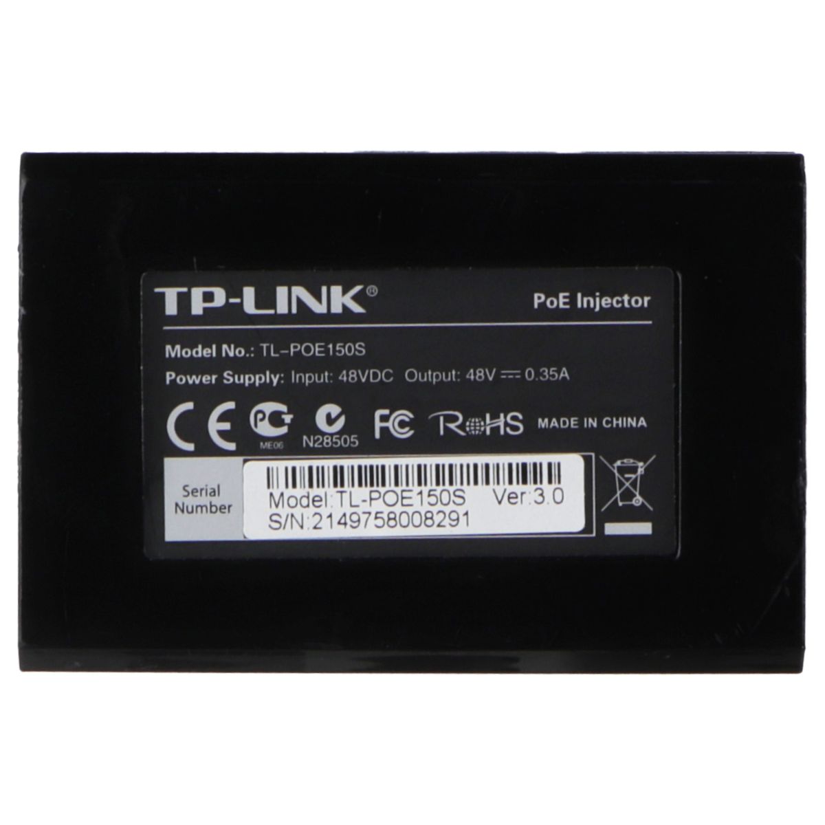 TP-LINK Power over Ethernet (PoE) Injector Adapter Model TL-POE150S - Black Networking - Wired Routers TP-LINK - Simple Cell Bulk Wholesale Pricing - USA Seller
