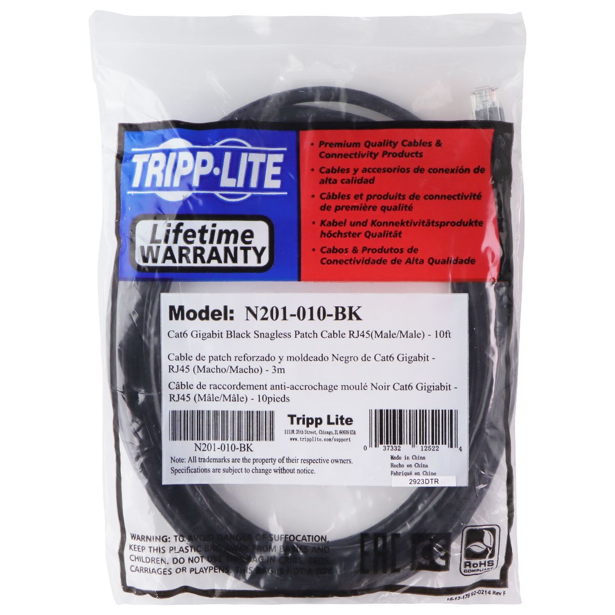 Tripp Lite Cat6 Gigabit Snagless Molded Patch Cable (RJ45 M/M) - Black / 10ft Computer/Network - Power Cables & Connectors Tripp Lite - Simple Cell Bulk Wholesale Pricing - USA Seller