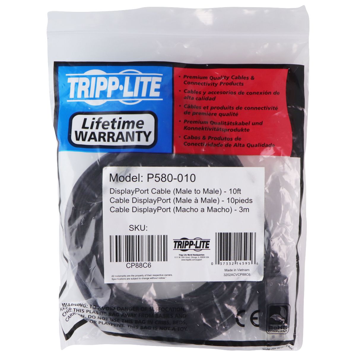 Tripp Lite (10ft/3m) DisplayPort (DP) Cable with Latches - M/M (P580-010) Computer/Network - Monitor/AV Cables & Adapters Tripp Lite - Simple Cell Bulk Wholesale Pricing - USA Seller