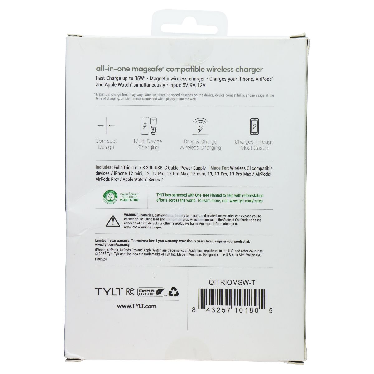 TYLT Folio Trio 3-in-1 Wireless Charger Pad with MagSafe - White (QITRIOMSW-T) Cell Phone - Chargers & Cradles TYLT - Simple Cell Bulk Wholesale Pricing - USA Seller