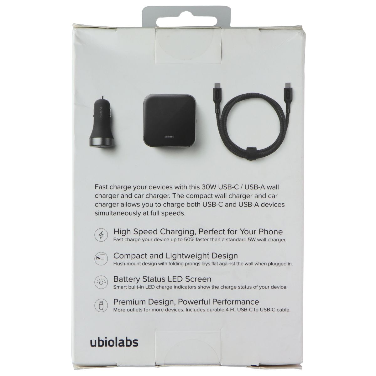 ubiolabs Charge Series Dual-Port Wall and Car Charger Bundle w/USB-C Cable (4Ft) Cell Phone - Accessory Bundles ubiolabs - Simple Cell Bulk Wholesale Pricing - USA Seller