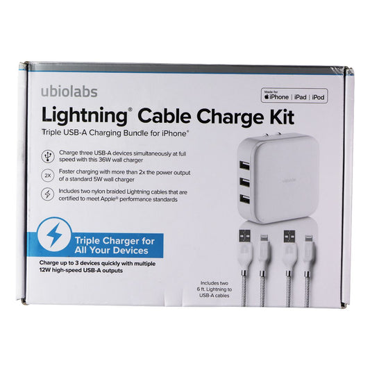 Ubiolabs 8-Pin to USB-A Cable Charge Kit w/ Wall Adapter and Cables - White(36W) Cell Phone - Chargers & Cradles ubiolabs    - Simple Cell Bulk Wholesale Pricing - USA Seller