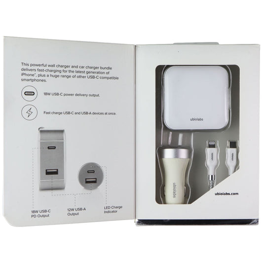 Ubiolabs Dual Port Wall & Car Charger w/ USB-C to Lightning 8-Pin Cable - White Cell Phone - Chargers & Cradles ubiolabs - Simple Cell Bulk Wholesale Pricing - USA Seller