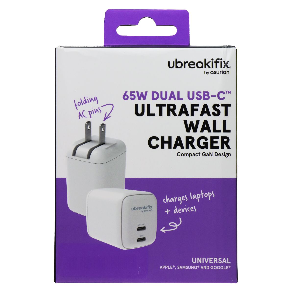 UBREAKIFIX (65-W) Dual Port USB-C Wall Charger - White Cell Phone - Chargers & Cradles UBREAKIFIX - Simple Cell Bulk Wholesale Pricing - USA Seller
