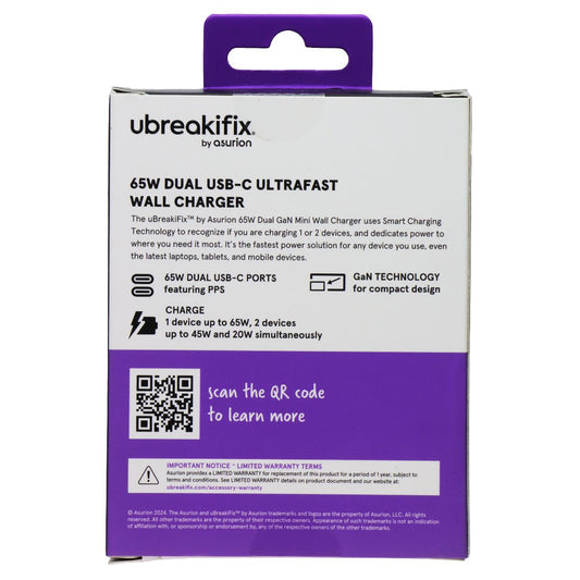 UBREAKIFIX (65-W) Dual Port USB-C Wall Charger - White Cell Phone - Chargers & Cradles UBREAKIFIX - Simple Cell Bulk Wholesale Pricing - USA Seller
