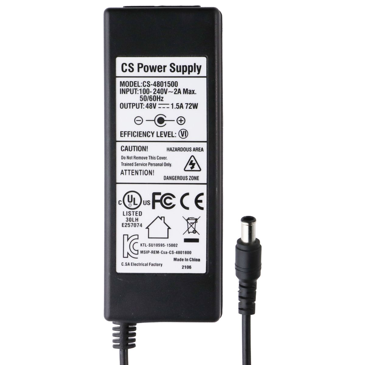 CS Power Supply (48V/1.5A) Brick and Power Cord - Black (CS-4801500) Computer Parts - Power Supplies Unbranded - Simple Cell Bulk Wholesale Pricing - USA Seller