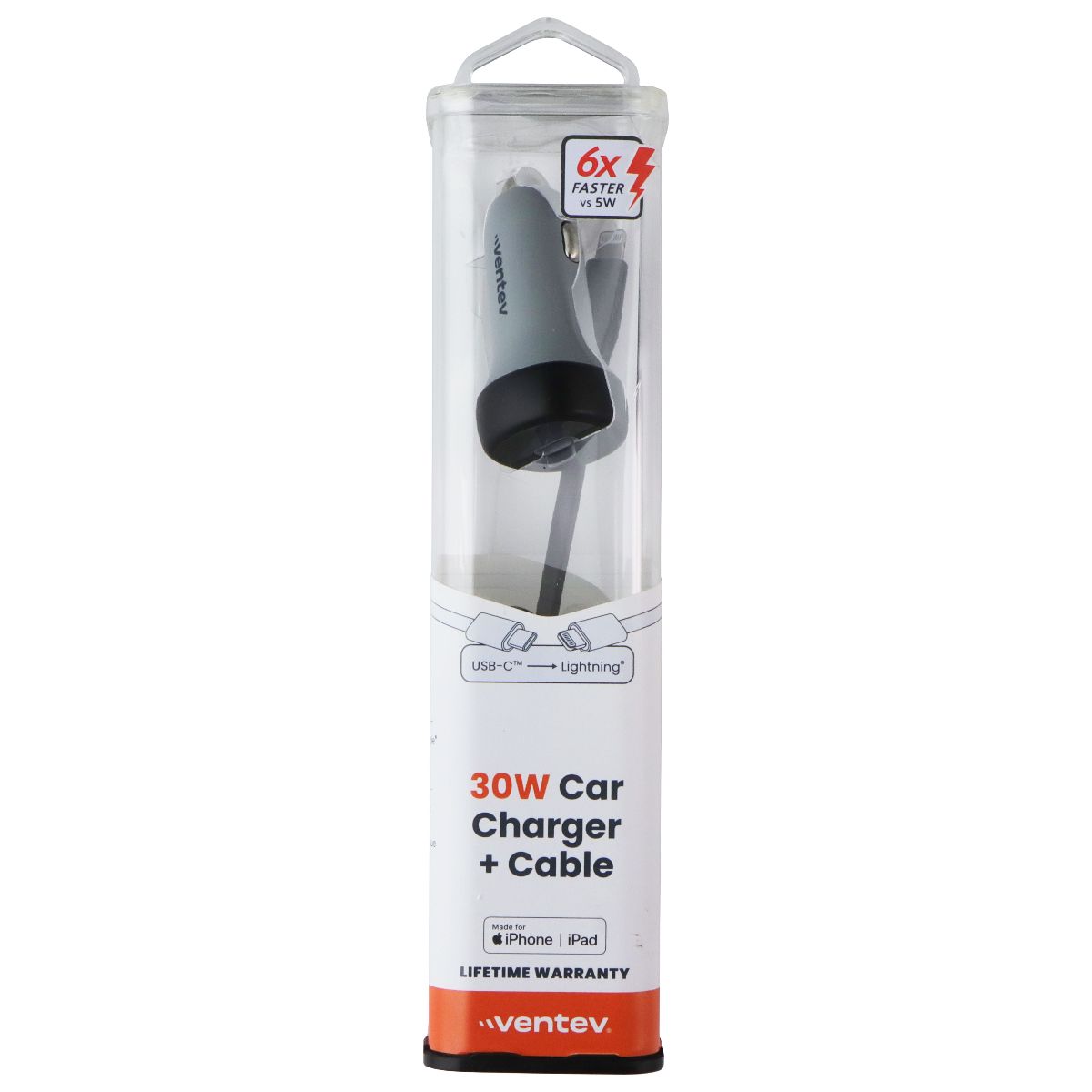 Ventev (30W) USB-C Car Charger + Cable (USB-C to Lightning 8-Pin) - Gray/Black