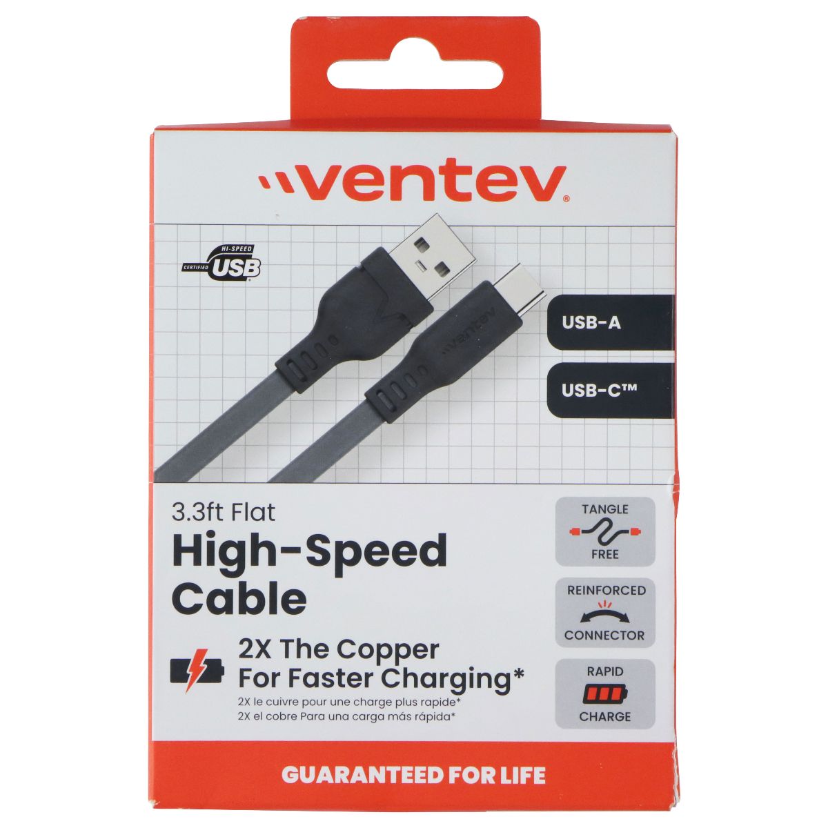 Ventev 3.3 Foot USB-A to USB-C High Speed Flat Cable - Gray Cell Phone - Cables & Adapters Ventev - Simple Cell Bulk Wholesale Pricing - USA Seller