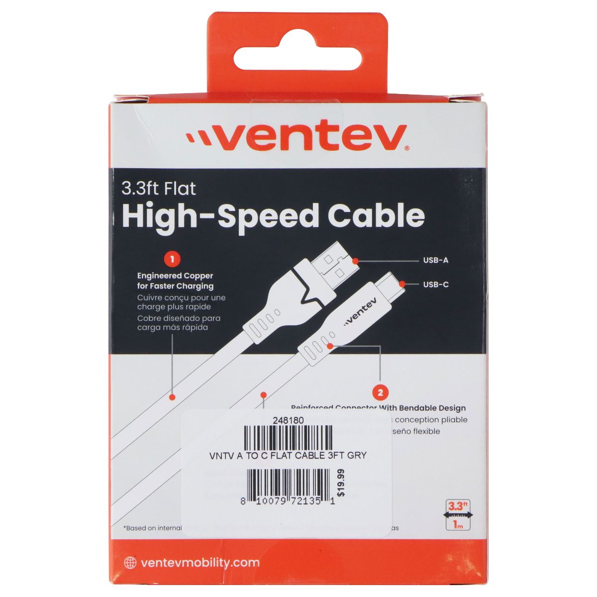 Ventev 3.3 Foot USB-A to USB-C High Speed Flat Cable - Gray Cell Phone - Cables & Adapters Ventev - Simple Cell Bulk Wholesale Pricing - USA Seller