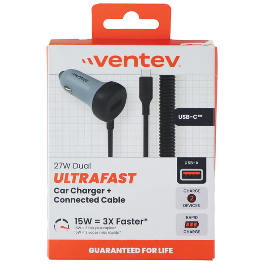 Ventev (27W) Dual Ultra Fast USB-A Car Charger with USB-C Connected Cable - Gray