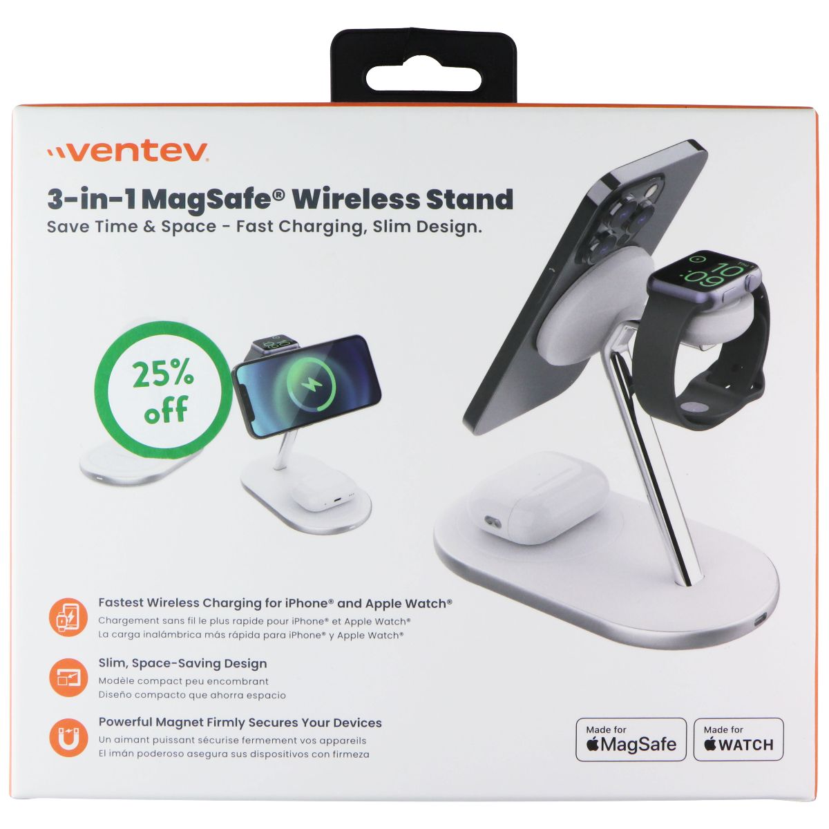 Ventev 15W Mfi Certified 3-in-1 MagSafe Wireless Stand - White (MSSTAND3-261504) Cell Phone - Chargers & Cradles Ventev - Simple Cell Bulk Wholesale Pricing - USA Seller