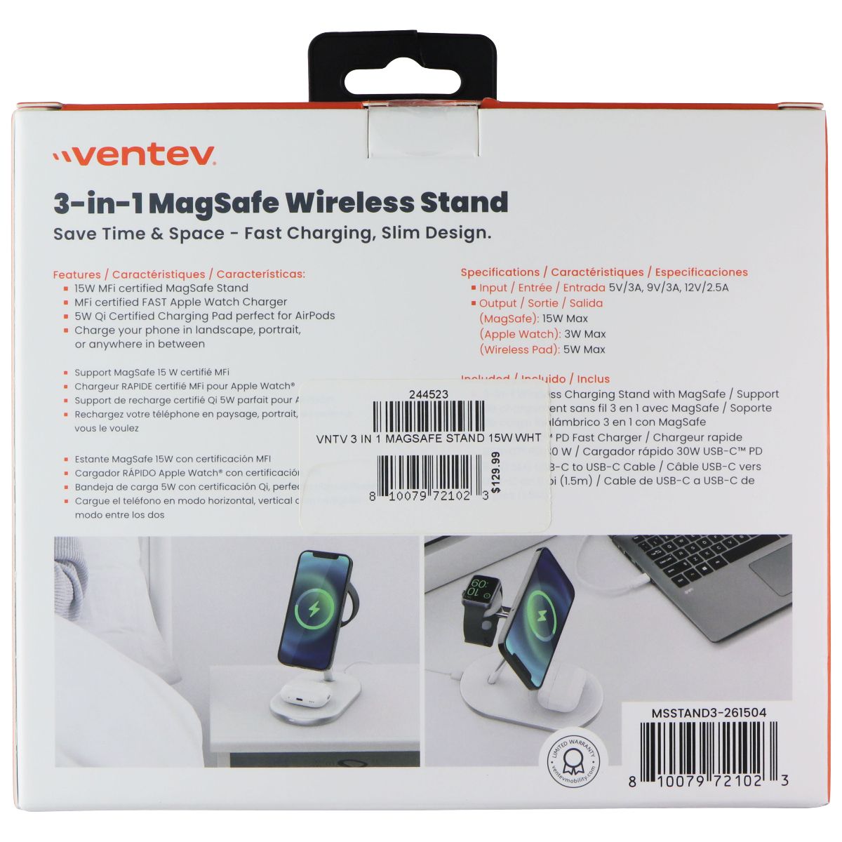 Ventev 15W Mfi Certified 3-in-1 MagSafe Wireless Stand - White (MSSTAND3-261504) Cell Phone - Chargers & Cradles Ventev - Simple Cell Bulk Wholesale Pricing - USA Seller