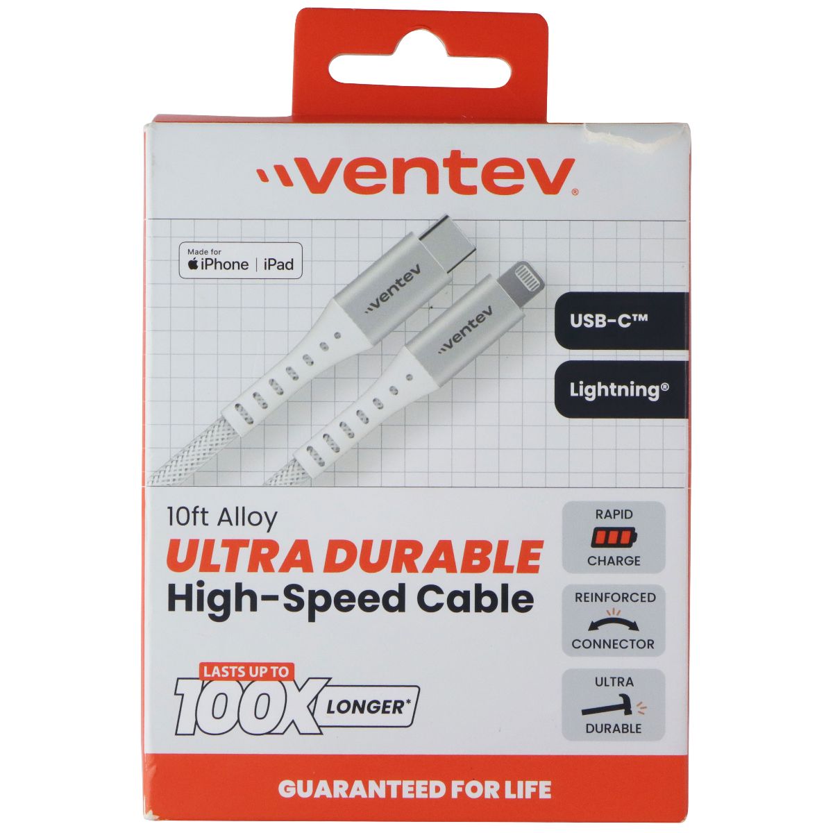 Ventev 10 Foot Alloy USB-C to Lightning 8-Pin Ultra Durable Cable - White Cell Phone - Cables & Adapters Ventev - Simple Cell Bulk Wholesale Pricing - USA Seller