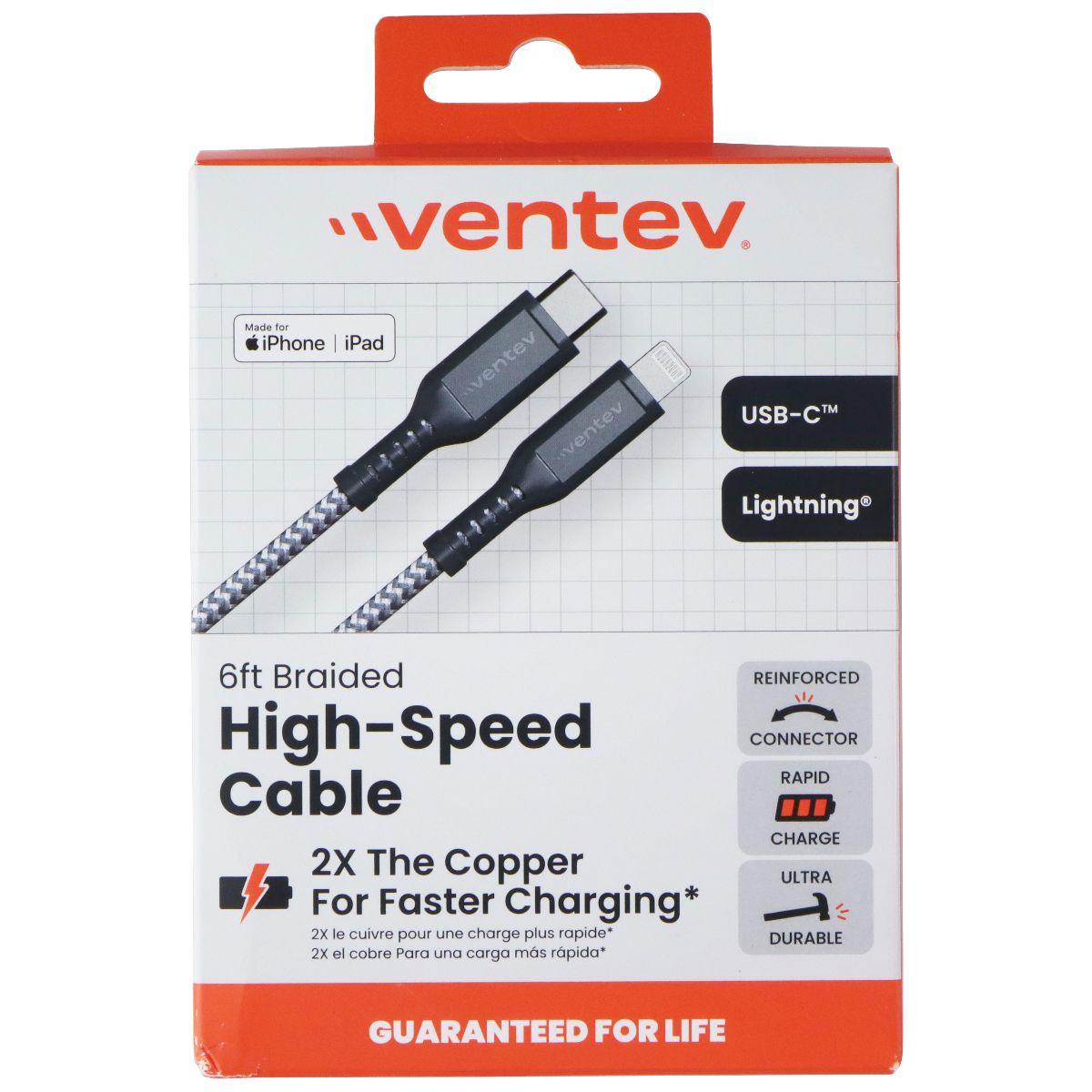 Ventev (6-Foot) USB-C to 8-Pin Braided High-Speed Cable - Black/Gray Cell Phone - Cables & Adapters Ventev - Simple Cell Bulk Wholesale Pricing - USA Seller