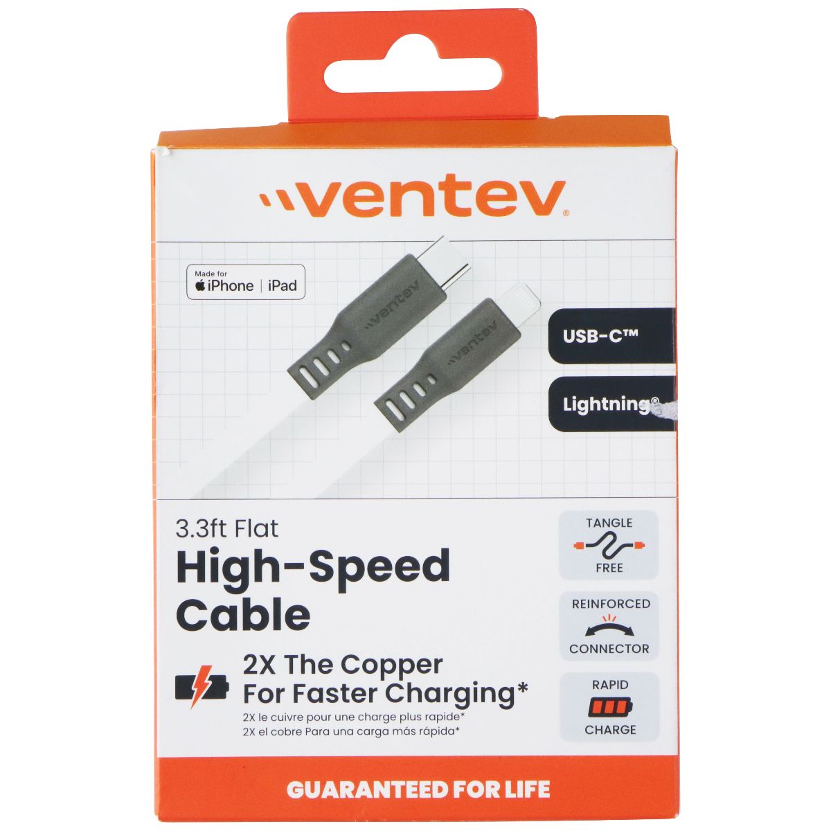 VENTEV 3.3 Foot USB-C to Lightning (8-Pin) High Speed Flat Cable - White Cell Phone - Cables & Adapters Ventev - Simple Cell Bulk Wholesale Pricing - USA Seller