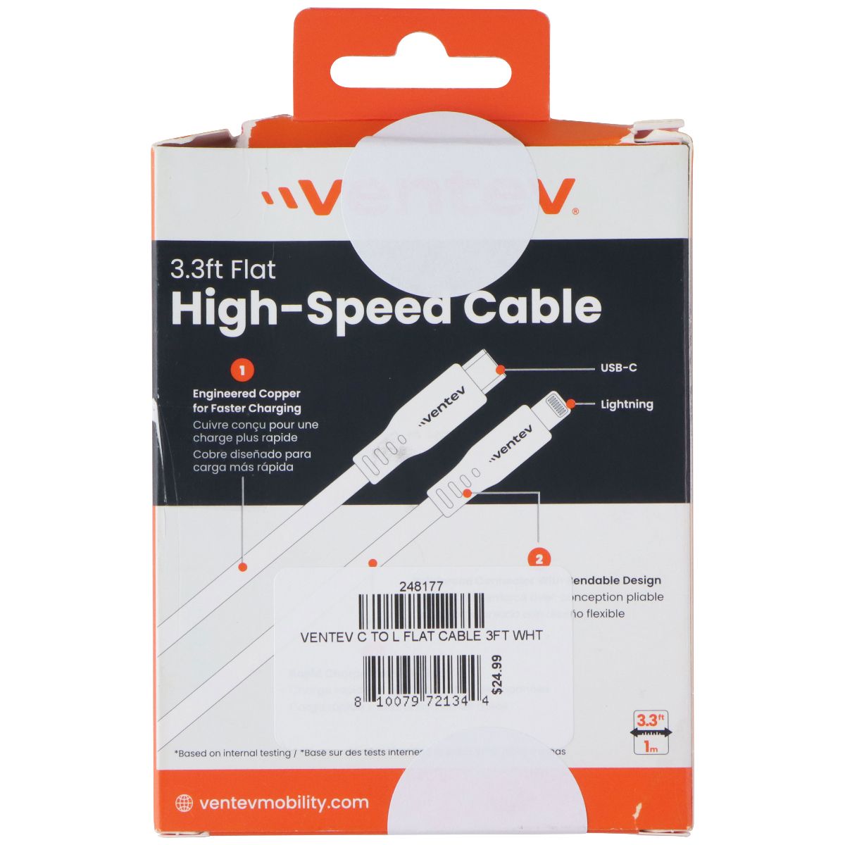 VENTEV 3.3 Foot USB-C to Lightning (8-Pin) High Speed Flat Cable - White Cell Phone - Cables & Adapters Ventev - Simple Cell Bulk Wholesale Pricing - USA Seller