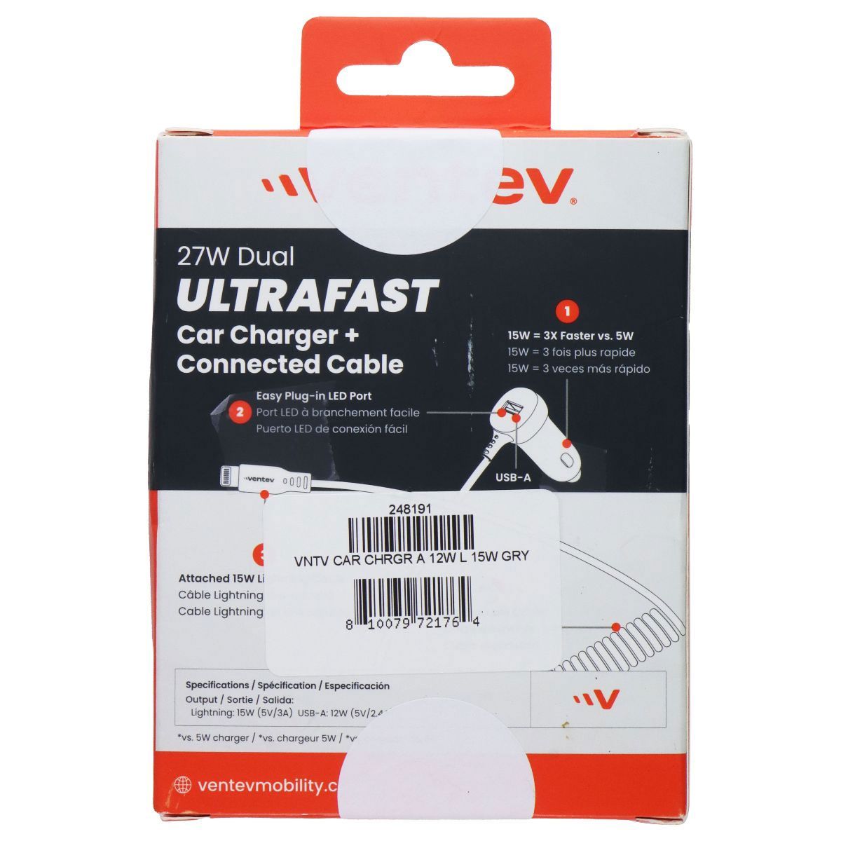 Ventev 27W Dual Car Charger (USB-A Port + Connected 8-Pin Cable) - Gray/Black Cell Phone - Chargers & Cradles Ventev - Simple Cell Bulk Wholesale Pricing - USA Seller