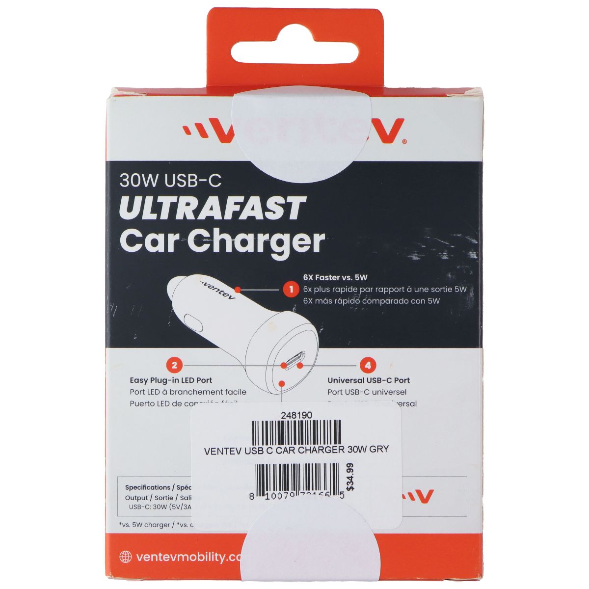 Ventev (30W) Single Port Ultra Fast USB-C Universal Car Charger - Gray/Black Cell Phone - Chargers & Cradles Ventev - Simple Cell Bulk Wholesale Pricing - USA Seller