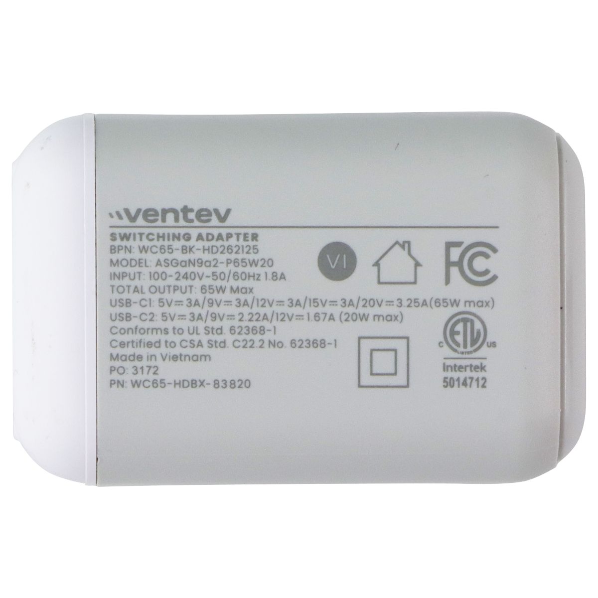 Ventev 65W Dual USB-C GaN Ultrafast Mini Wall Charger - White