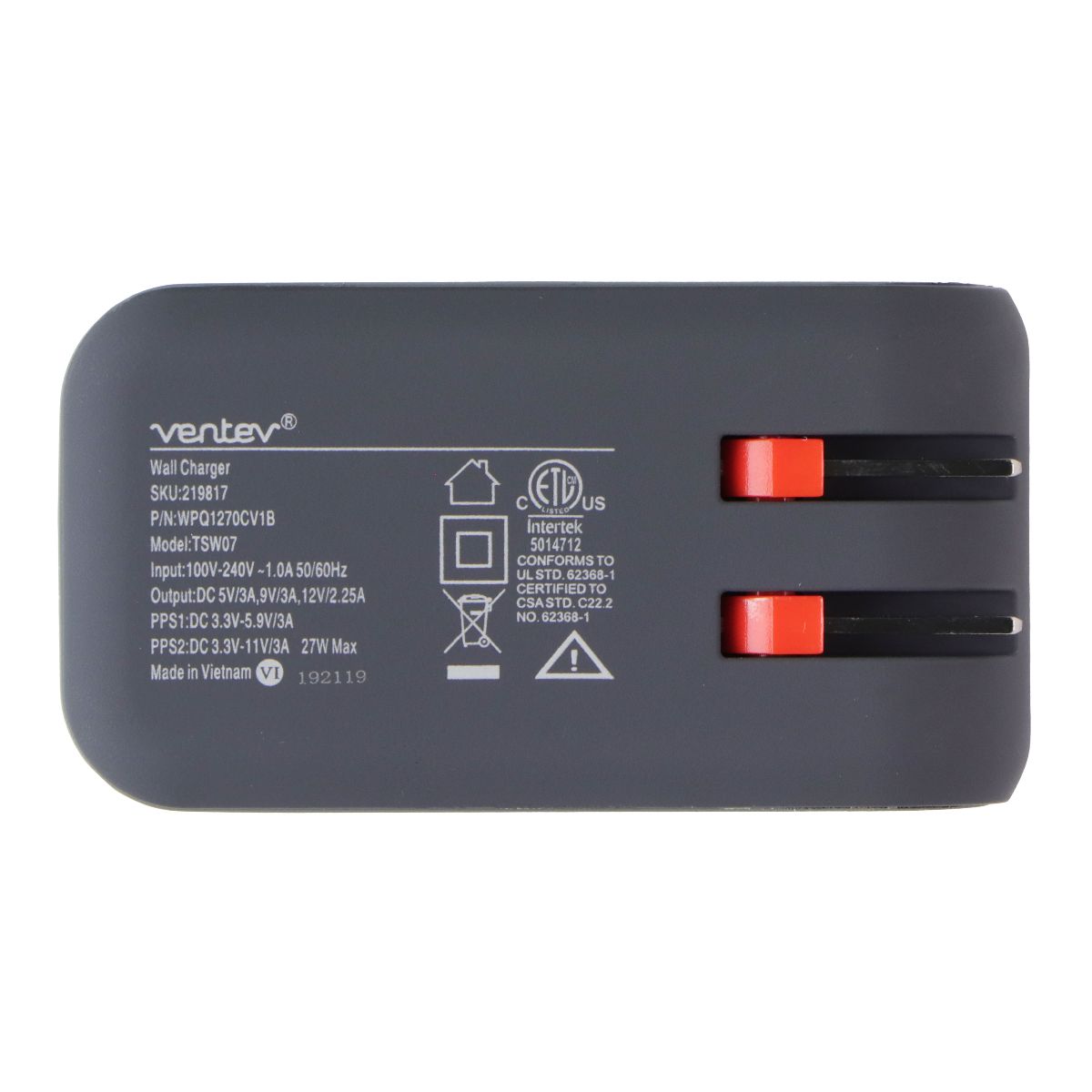 Ventev Single Port 27W USB-C Wall Charger (TSW07) - Gray Cell Phone - Chargers & Cradles Ventev - Simple Cell Bulk Wholesale Pricing - USA Seller