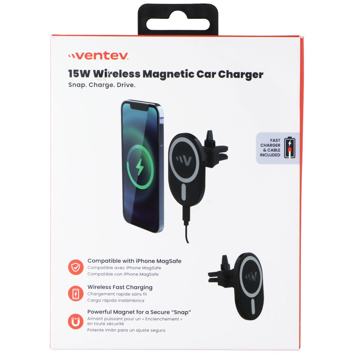 Ventev (15W) Wireless Magnetic Car Charger Vent Mount - Black Cell Phone - Chargers & Cradles Ventev    - Simple Cell Bulk Wholesale Pricing - USA Seller