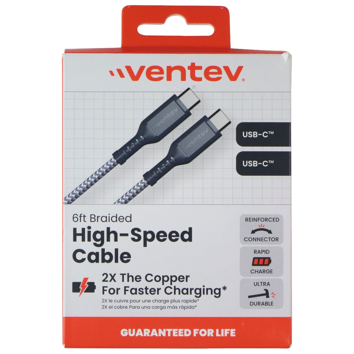 Ventev (6-Foot) USB-C to USB-C Braided High-Speed Cable - Black/Gray Cell Phone - Cables & Adapters Ventev - Simple Cell Bulk Wholesale Pricing - USA Seller