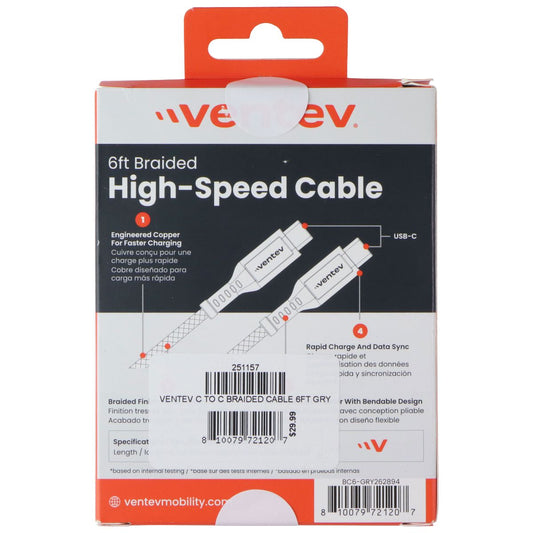 Ventev (6-Foot) USB-C to USB-C Braided High-Speed Cable - Black/Gray Cell Phone - Cables & Adapters Ventev - Simple Cell Bulk Wholesale Pricing - USA Seller