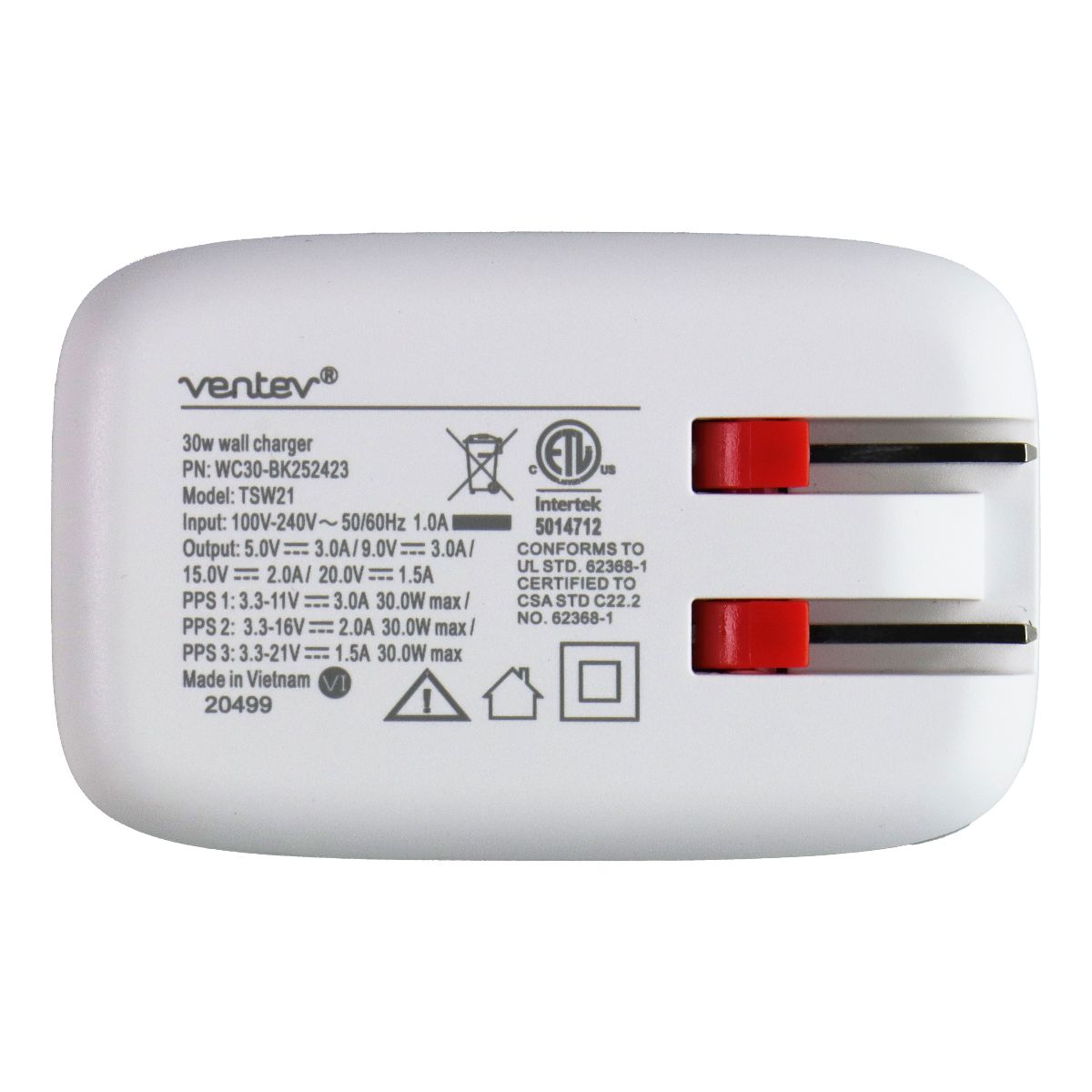 Ventev 30W Single Port USB-C Wall Charger with Folding Prongs - White